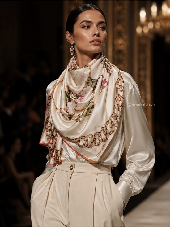 Accessories - Silk Chain & Floral Print Scarf Cream Pink Gold 34” Square
